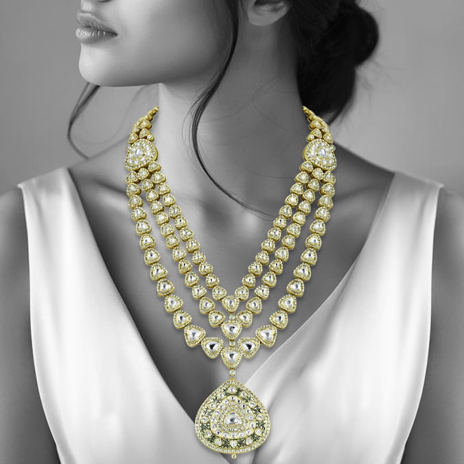 Layered Bridal Polki Necklace with Intricate Pendant